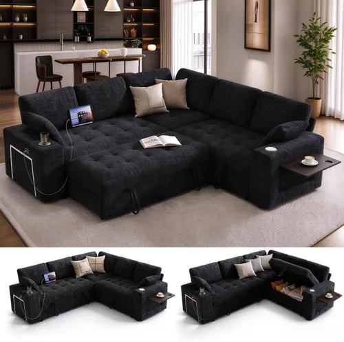 Vista 10 de Sofá modular modular de 86 pulgadas en forma de L, 5 asientos con cama Beige