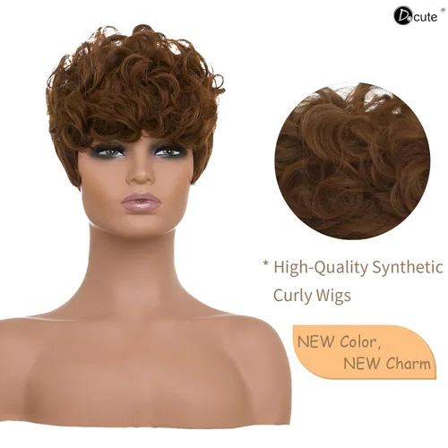 Vista 6 de DOcute - Pelucas Pixie cortas marrones para mujeres negras, peluca de reemplazo diario con corte Pixie y flequillo, pelucas rizadas cortas en capas
