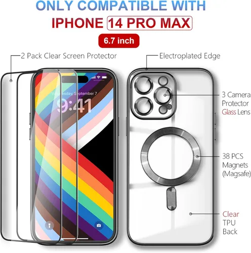 Vista 3 de Magsafe - Funda para iPhone 14 Pro Max, funda magnética transparente para teléfono con protector de pantalla y cubierta de cámara, funda galvanizada