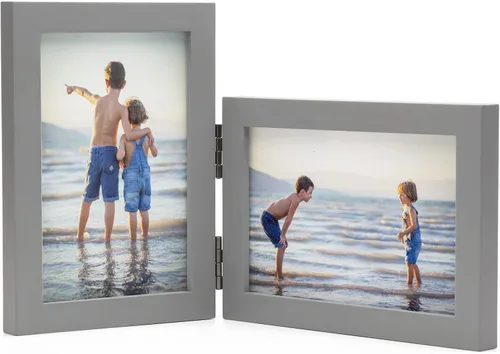 Vista 46 de Marcos de Fotos Dobles 4x4 con Bisagras Plegables en Negro para Colgar en la Pared o Poner en Mesa, Hechos de Madera de Pino con Vidrio Real P-44 *