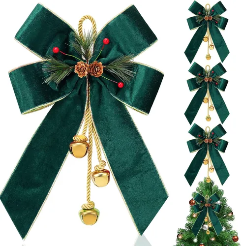 Vista 11 de Yinkin Corona de Árbol de Navidad Lazo Lazos de Cinta de Navidad con Campanas 11 x 7.8 pulgadas Terciopelo Cono de Pino Lazo Adornos Colgantes