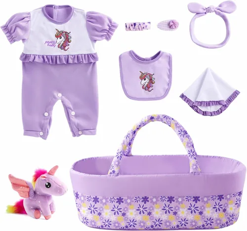 Vista 7 de BABESIDE - Accesorios para muñecas de bebé de 8 piezas con moisés para muñecas de 17 a 22 pulgadas Doll outfit set with bodysuit, diaper, bib