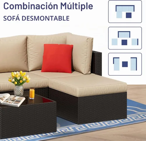 Vista 4 de Vongrasig 5 Piece Patio Furniture Sets, Outdoor Patio Set Sectional Sofa Beige