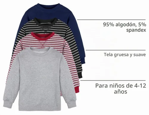 Vista 4 de Cooraby Pack de 4 Camisas de Manga Larga Térmicas para Niños con Rayas y Sólidas, Camisetas de Algodón Suave para Niños y Pequeños