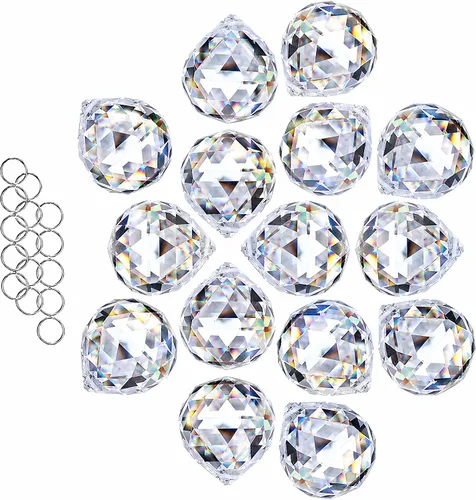 Vista 9 de HDCRYSTALGIFTS 12 atrapasoles de bola de cristal transparente, 1.18 pulgadas, cristales colgantes de prisma Feng Shui, lámpara colgante de gota