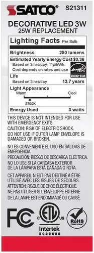Vista 7 de Satco S21311/06 - Bombillas LED E26 de 3 W, 2700 K, clasificación de 15000 horas, regulables, paquete de 6