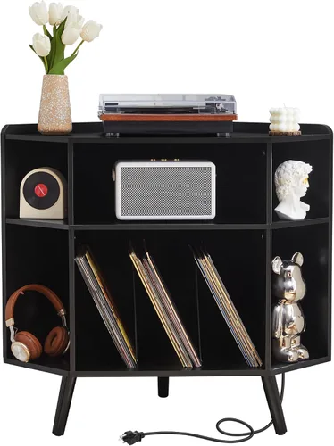 Vista 15 de Soporte para tocadiscos de 45.3 pulgadas con almacenamiento de vinilo, mesa giratoria de madera con capacidad para hasta 350 álbumes, moderno