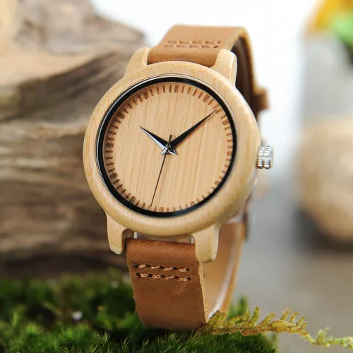 Vista 14 de BOBO BIRD Reloj de madera de bambú para hombre y mujer con correa de cuero de vaca marrón, relojes casuales de cuarzo analógico