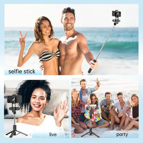 Vista 9 de Trípode estable para selfie stick con luz de relleno, palo selfie extensible de 44 pulgadas con control remoto inalámbrico y soporte de trípode