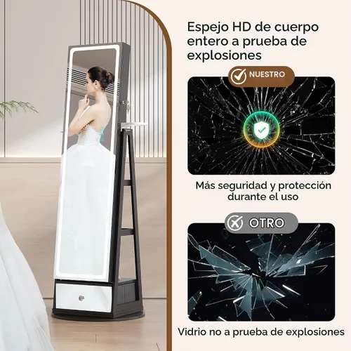Vista 6 de HWB Armario de almacenamiento de joyas con espejo LED de cuerpo entero, organizadores de joyas giratorios de 360° de pie con estantes y Negro