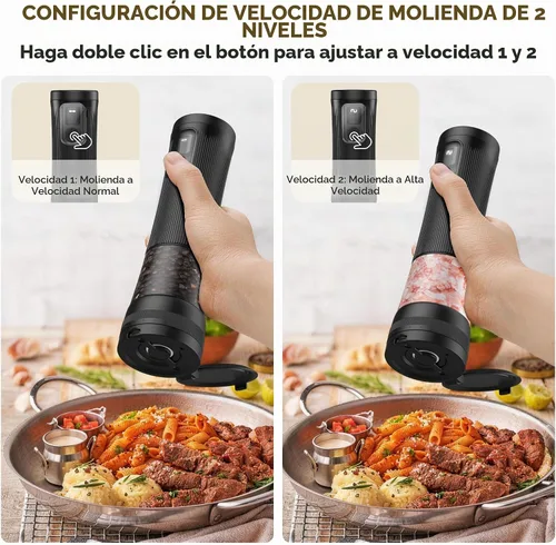 Vista 4 de Juego de molinillo eléctrico de sal y pimienta, ajuste mejorado de 2 velocidades, 5 grosores ajustables externos, molino automático recargable
