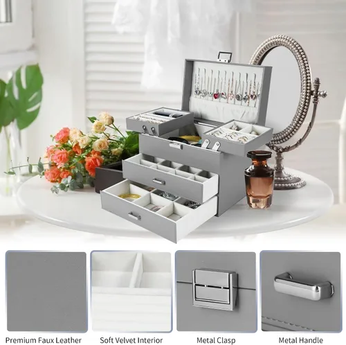Vista 6 de Dajasan Caja organizadora de joyas, cajas de joyería para mujeres y niñas, 4 capas, caja de almacenamiento grande de joyería para aretes, anillos