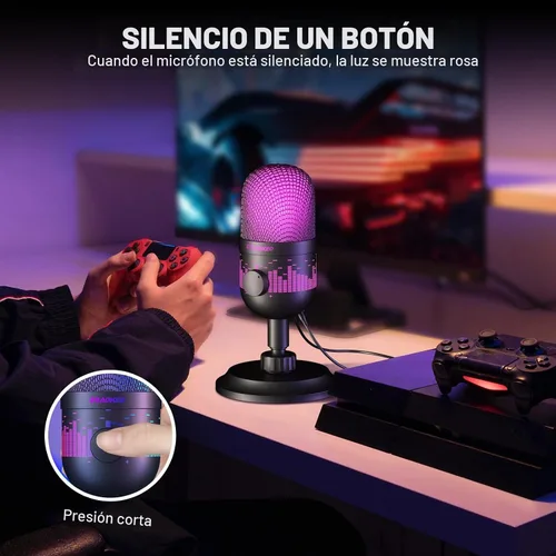 Vista 4 de Aokeo - Micrófono USB para juegos, micrófono de condensador para PC/MAC/PS4/PS5/Teléfono - Micrófono cardioide con iluminación RGB AK-1i