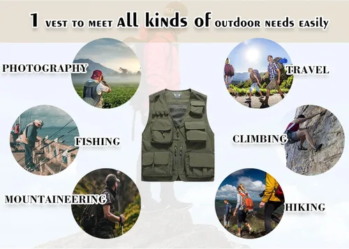 Vista 5 de Flygo Chaleco de carga para hombre, casual, ligero, al aire libre, pesca, trabajo, safari, viajes, fotos, con múltiples bolsillos