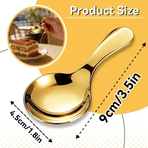Vista 3 de 5 mini cucharas de helado para recipientes, mini cucharas doradas para servir dulces, acero inoxidable, mango corto, condimentos de sal, cucharas