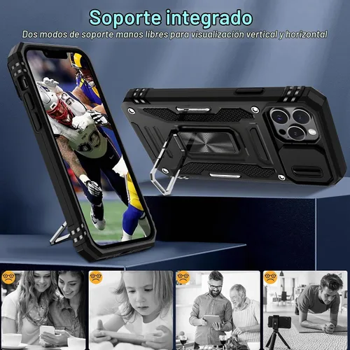 Vista 4 de DEERLAMN Funda para iPhone 13 Pro Max con cubierta deslizante para cámara + protector de pantalla (1 unidad), anillo giratorio con soporte de grado