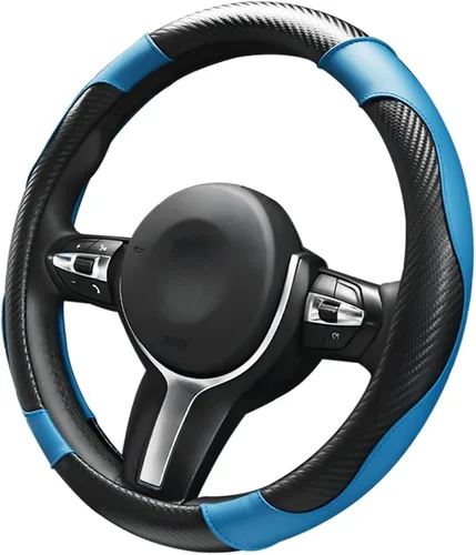 Vista 8 de Funda para volante de automóvil, 15 pulgadas, de piel de microfibra de fibra de carbono, protector elástico para volante, transpirable
