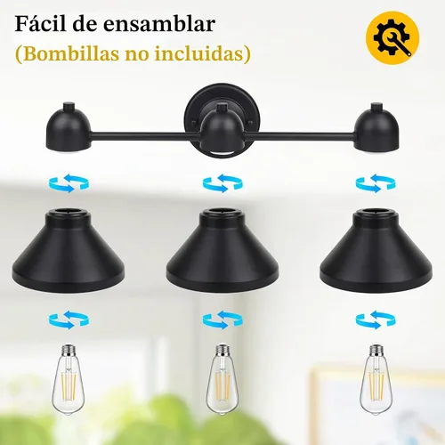 Vista 6 de Bairth - Lámpara de baño, 3 luces de metal negro sobre espejo