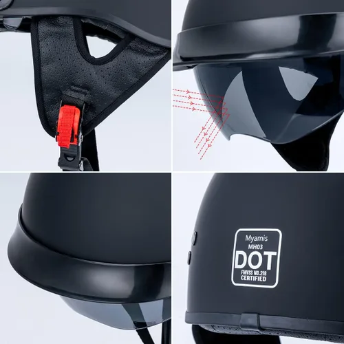 Vista 5 de Casco de media carcasa Myamis para motocicleta para hombres mujeres adultos con certificación DOT de fibra de vidrio con visera, diseño gráfico