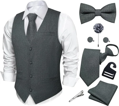 Vista 10 de DiBanGu Conjunto de corbata con cremallera y chaleco de lino para hombre Negro