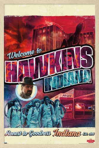 Vista 7 de Trends International Netflix Stranger Things - Póster de pared de Welcome to Hawkins Indiana, 22.4 pulgadas de largo x 14.7 W, versión enmarcada