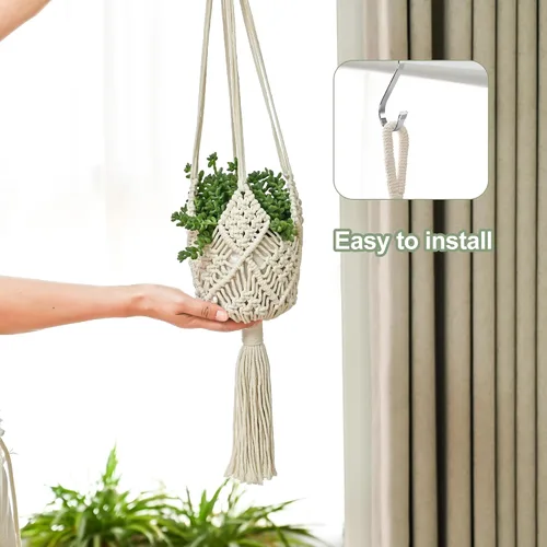 Vista 6 de Maceta Colgante con Patrones, Juego de 4 Colgadores de Macramé para Plantas de Interior, para Macetas de hasta 8 Pulgadas, Soporte de Ganchillo Boho