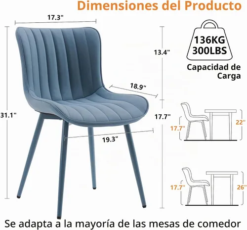 Vista 2 de YOUNUOKE - Juego de 2 sillas de comedor modernas de mediados de siglo azul total