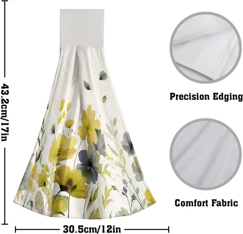 Vista 2 de Poppy Flower Hanging Hand Towels Set of 2,17x12 Inch Watercolor Chinoiserie Yellow Black Floral Soft Absorbent Dish Cloth Tie Towel for Kitchen