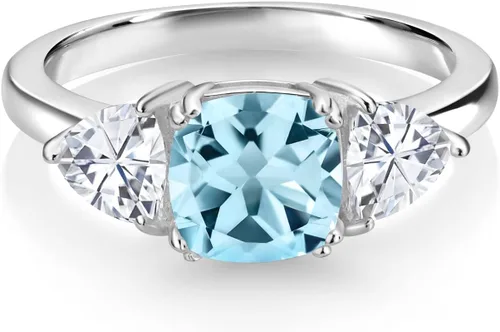 Vista 26 de 925 Sterling Silver Gemstone Birthstone and White Moissanite 3-Stone Engagement Ring for Women 7MM Cushion and 5MM Trillion Accents Three Stone