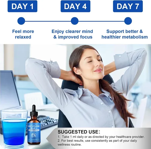 Vista 5 de Azul de metileno grado farmacéutico, gotas de azul de metileno para la salud cerebral y apoyo energético, sin formaldehído, sin alcohol, sin gluten