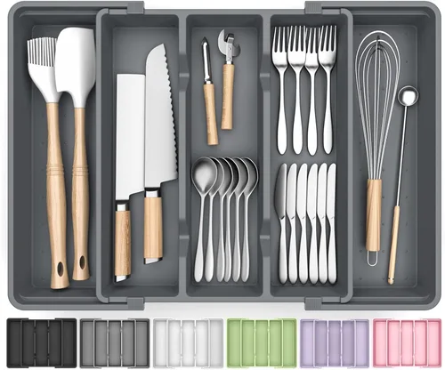 Vista 9 de Organizador grande de cubiertos, organizador de cajones de utensilios expandible para cajones de cocina, organizador de cajones de cocina