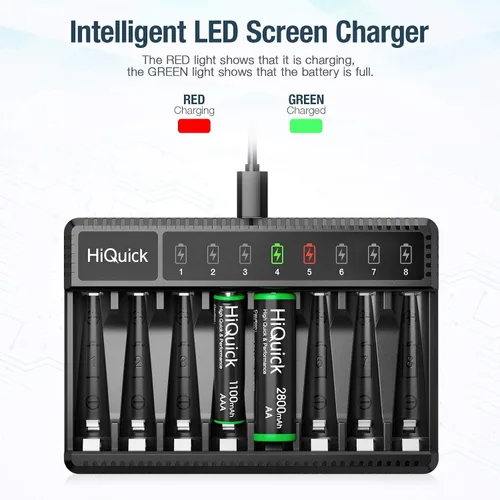 Vista 4 de HiQuick Cargador de batería inteligente de 8 bahías con batería 4AA y 4AAA + 16 pilas recargables AAA