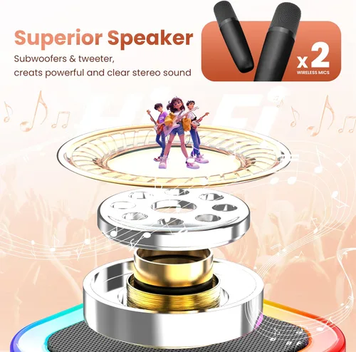 Vista 3 de Mini máquina de karaoke, micrófono de karaoke portátil Bluetooth con altavoz para cantar con 2 micrófonos y luz, monitores de audio de estudio