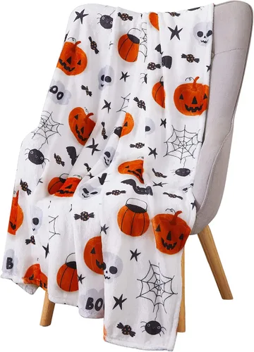 Vista 13 de Manta de forro polar de Halloween, murciélagos negros sobre fondo naranja, 50 x 70 pulgadas Ultra-soft cozy flannel fleece, for sofa couch bed
