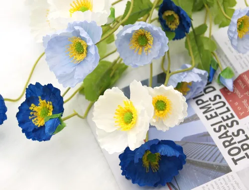 Vista 3 de FERIAL 6 flores de amapola artificiales de seda con tallos de amapola sintética de tacto real para el hogar, cocina, centros de mesa, arreglo Blanco