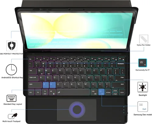 Vista 3 de Funda de teclado para Samsung Galaxy Tab S10 FE+ Plus de 13.1 pulgadas 2025: modo DEX con un solo clic, retroiluminación arcoíris, trackpad