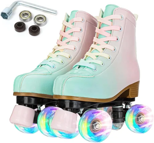 Vista 11 de XUDREZ Patines de ruedas para mujeres, patines de alta calidad holográficos de cuero de poliuretano, patines brillantes de doble fila de cuatro