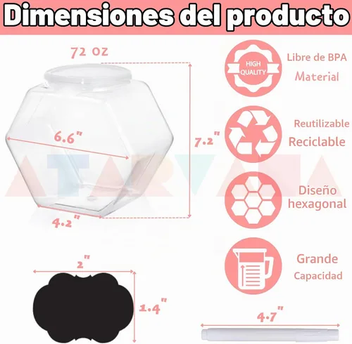 Vista 2 de Atarvana Juego de 4 tarros de plástico para caramelos de 72 onzas, recipientes hexagonales para dulces con tapas herméticas para bufé de dulces