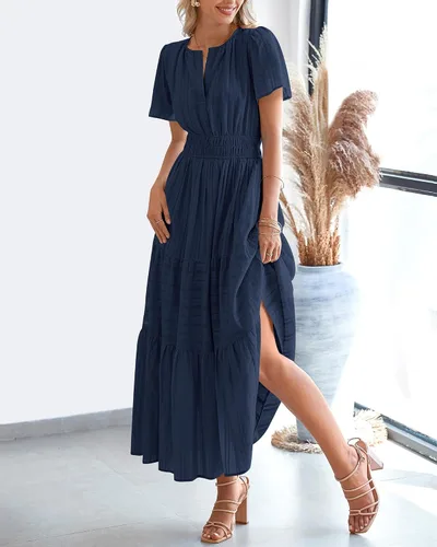 Vista 8 de BTFBM - Vestido largo casual de verano 2026 para mujer, vestido ligero de Azul marino