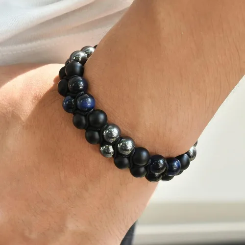 Vista 4 de Blue Tiger Eye Hematite matte Agate Bracelet - Bold and Elegant Fashion Accessory
