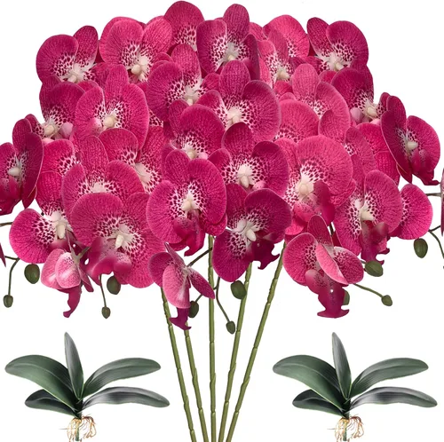 Vista 11 de HinyoCo 5 piezas de orquídeas artificiales y 2 paquetes de hojas, flores artificiales de Phalaenopsis de 32 pulgadas para decoración del hogar
