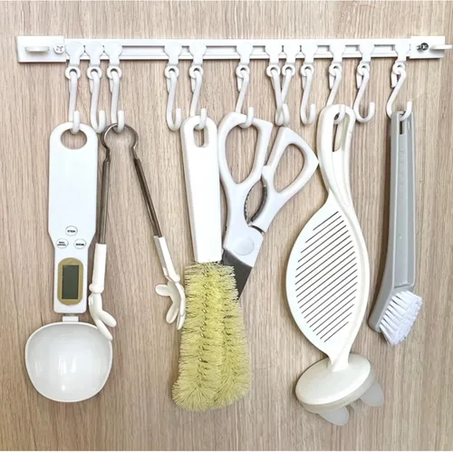 Vista 4 de 2 ganchos multifuncionales para riel deslizante, ganchos adhesivos de pared, riel de cocina, estante de utensilios de ahorro de espacio con 10