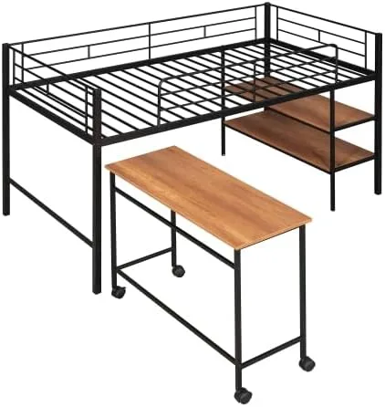 Vista 4 de anwickjeff Moderna cama baja tipo loft tamaño individual con escritorio y 2 estantes de almacenamiento para niños y adultos, marco de cama de metal
