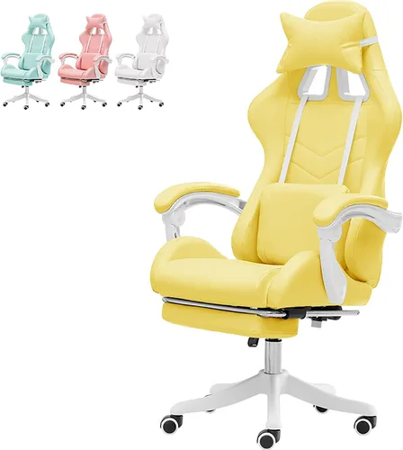Vista 9 de Linda silla de juegos con reposapiés, sillas de videojuegos de respaldo alto, silla Kawaii de piel sintética con soporte lumbar y reposacabezas