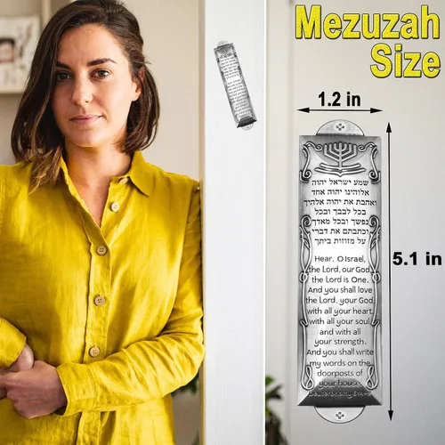 Vista 5 de Paquete de 2 mezuzá con pergamino para puerta, mezuzá judía para puerta, cajas de metal con bendición inglesa y hebrea para inauguración de la casa