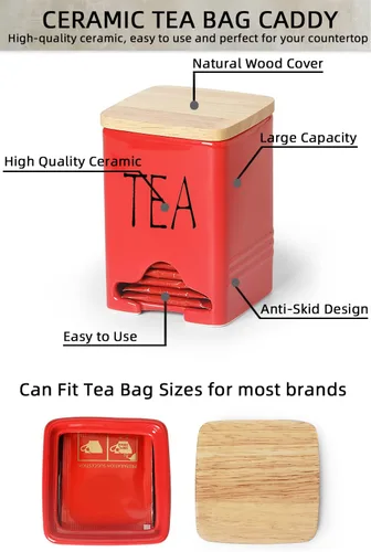 Vista 5 de Organizador de almacenamiento de bolsa de té de granja de cerámica con tapa (rojo)