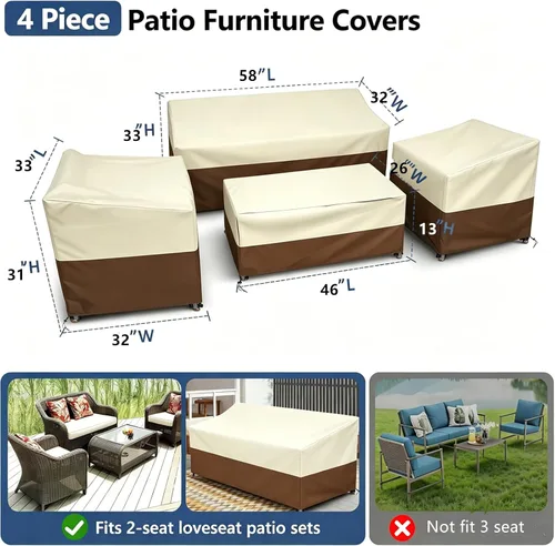 Vista 2 de STARTWO Funda impermeable para muebles de exterior, 4 piezas para sofá exterior, sillas de césped, mesa auxiliar, resistente al viento con correa