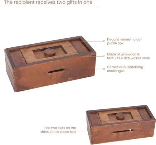 Vista 11 de Bits and Pieces - Guarde su dinero en esta caja secreta, rompecabezas - Secreto compartimiento de madera, juego de cerebros para adultos