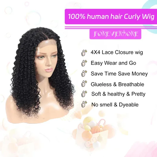 Vista 3 de Pelucas de cabello humano rizado estilo Bob de Forevermore, cierre 4x4 para mujeres, sin pegamento, 18 pulgadas, onda de agua, encaje frontal húmedo