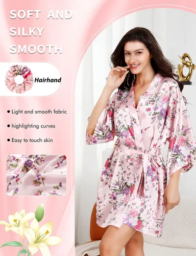 Vista 2 de Albornoz Eplaza de satén floral, kimono para novia, novia, dama de honor, kimono